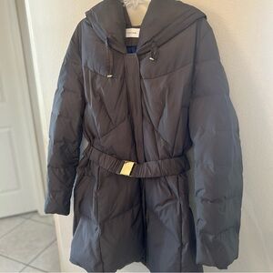 Grey Mid-Length Puffer Coat with Hood and Belt